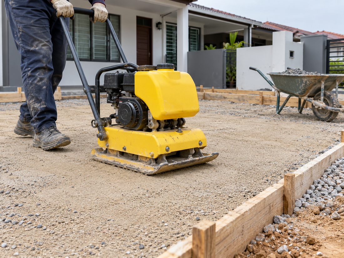 Illustrative example: plate compactor compacting a sand and crusher-run base for a terrace-house car porch